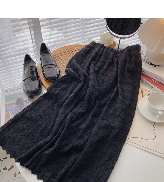 Hook flower hollow out lace A-shaped high waist skirt  5786