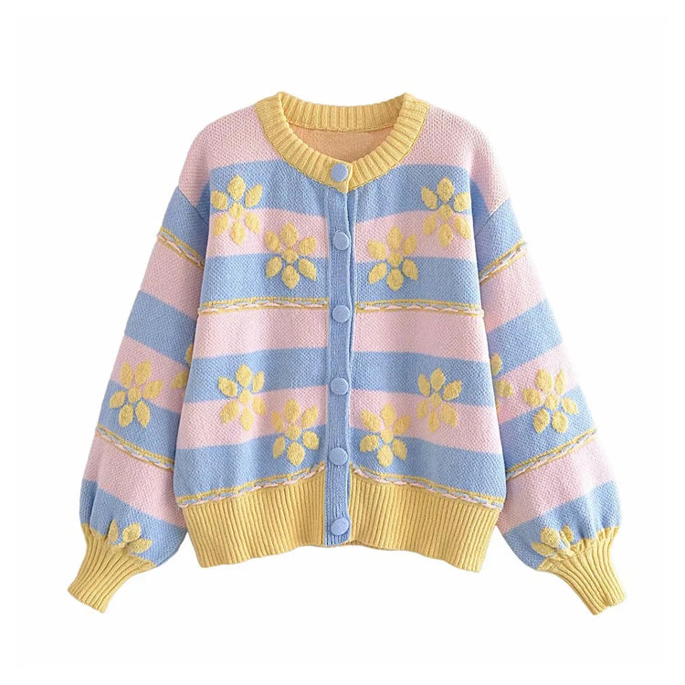 Sweet flower printed jacquard knitted coat cardigan 7302 – girlhomeshops