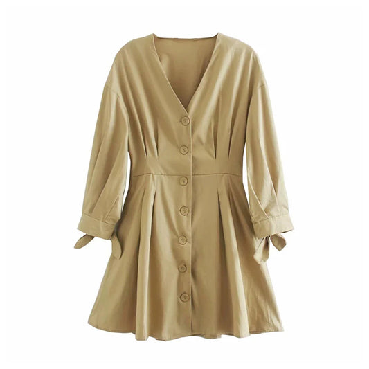 Langärmliges Damenkleid im europäischen und amerikanischen Stil mit Gürtel V-Ausschnitt Kleid 7103