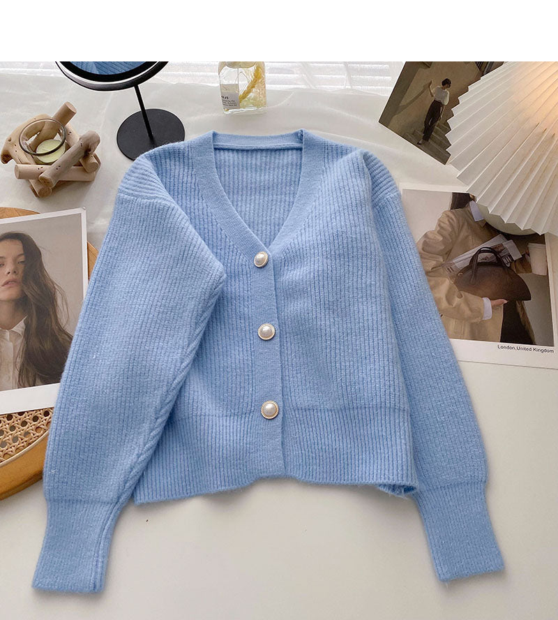 Solid V-Neck long sleeve bright silk sweater coat  6115