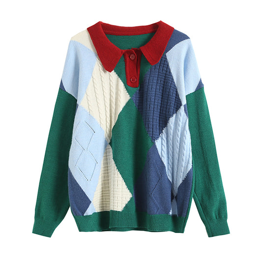 Languid wind stitching rhomboid Polo neck T-shirt  7442