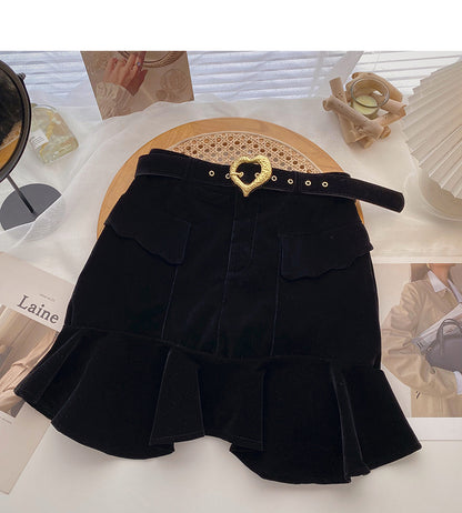 Golden velvet high waist A-shaped fishtail skirt for women  5384