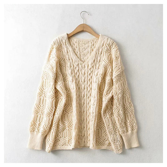 Loose cut-out woven lazy knit top  7370