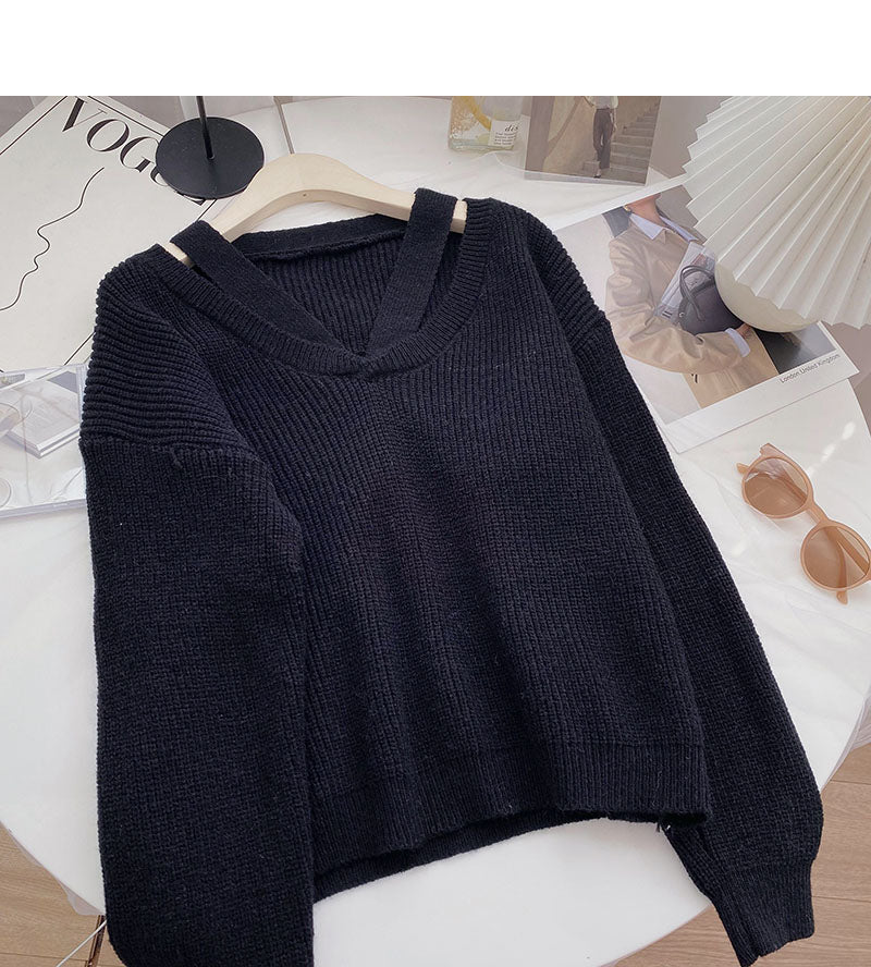 Korean design personalized V-neck hollowed out long sleeves look thin  6128
