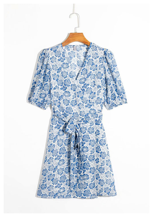 New slim V-neck print wrap lace up dress  7039