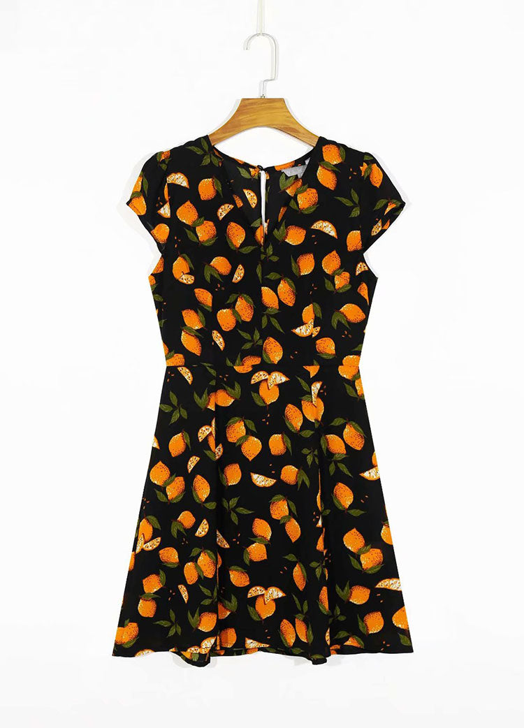 Versatile short sleeve Vintage V-neck fruit print casual dress  7060
