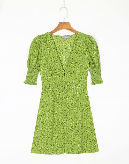 Vintage V-neck slim waist button floral print dress  7042