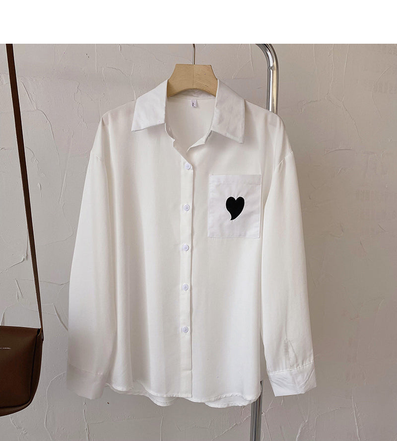 Loose long sleeve shirt personalized love pocket Lapel top  6430