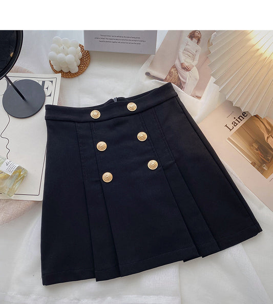Korean retro simple double row button high waist pleated skirt  5498