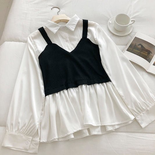 Chemise femme noire à bretelles cousues avec faux blanc en deux pièces 6247