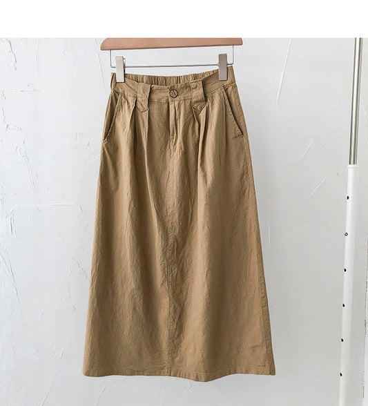 New Korean version Sen series retro semi elastic waist over knee split skirt  5687