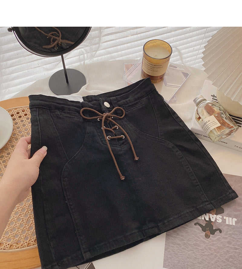 Korean bandage high waist design hot girl Hip Wrap denim skirt  5665