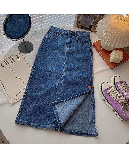 Hong Kong style retro fashion split high waist A-shaped medium and long skirt  5706