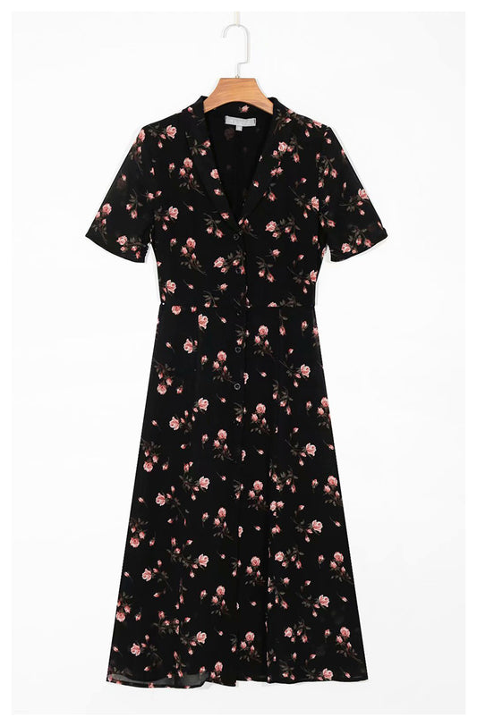 Vintage Lapel short sleeve slim waist floral print dress  7052