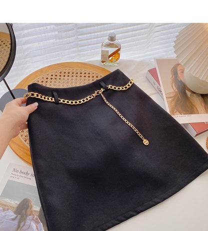 Fashion simple temperament solid color high waist skirt with chain  5469