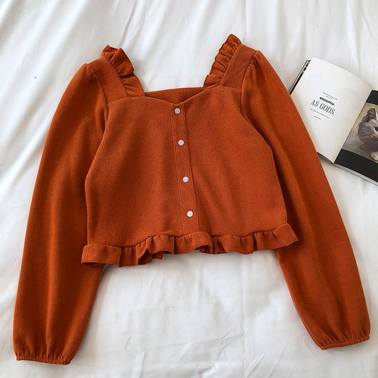 Chemise courte à col carré et volants en velours côtelé 6246