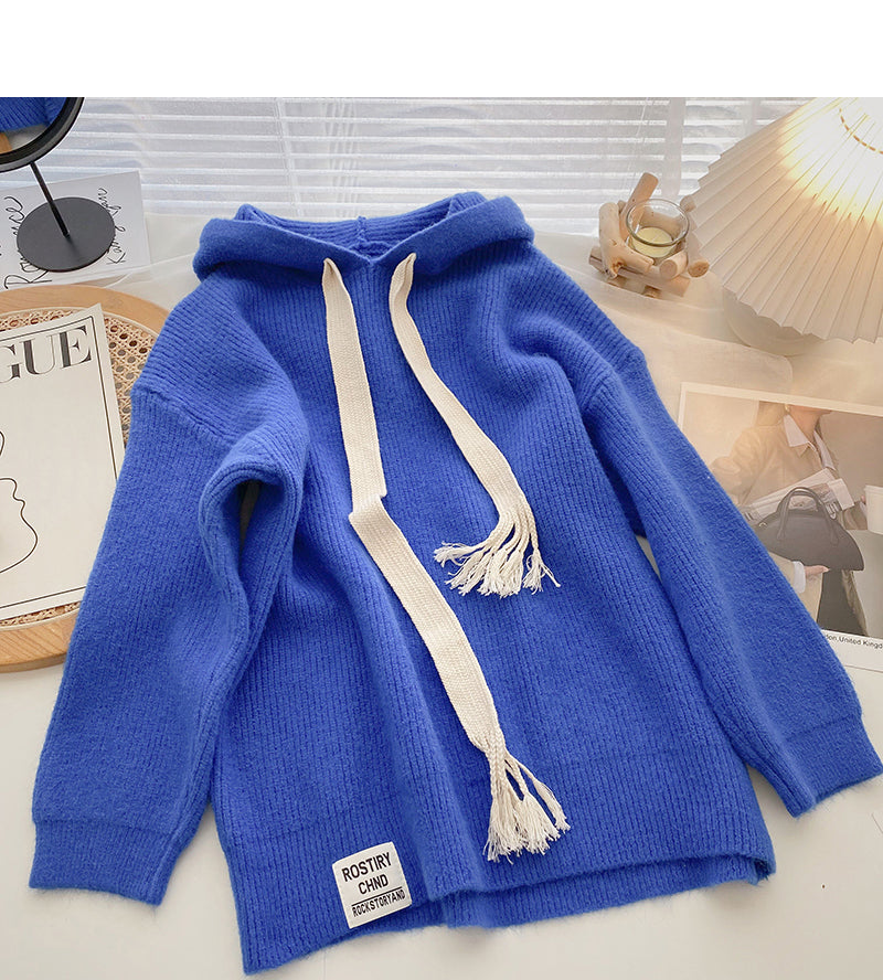 Design sweater tassel drawstring hood loose long sleeve  6083
