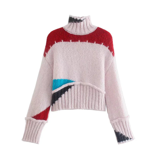 Color blocking design half high neck sweater retro lazy sweater  7420