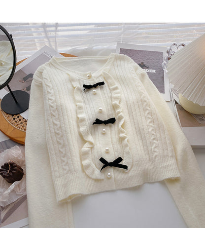 Bow round neck pearl button sweater sweet long sleeve top  6074