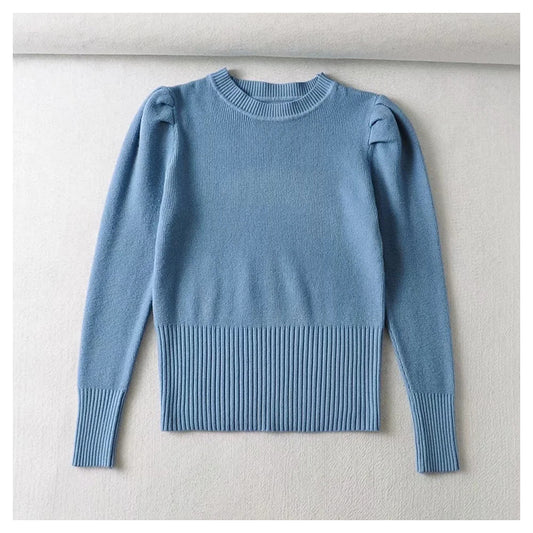 Round neck bubble sleeve elastic slim knit sweater  7444