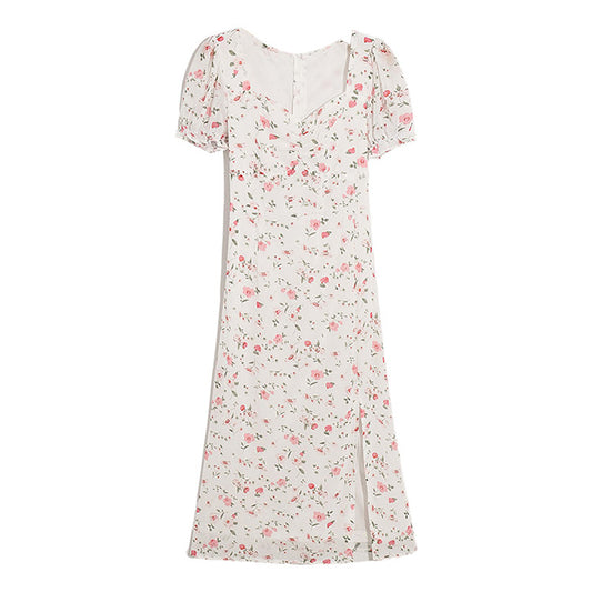 The new broken flower slim slim temperament high waist split fresh and gentle dress  7024