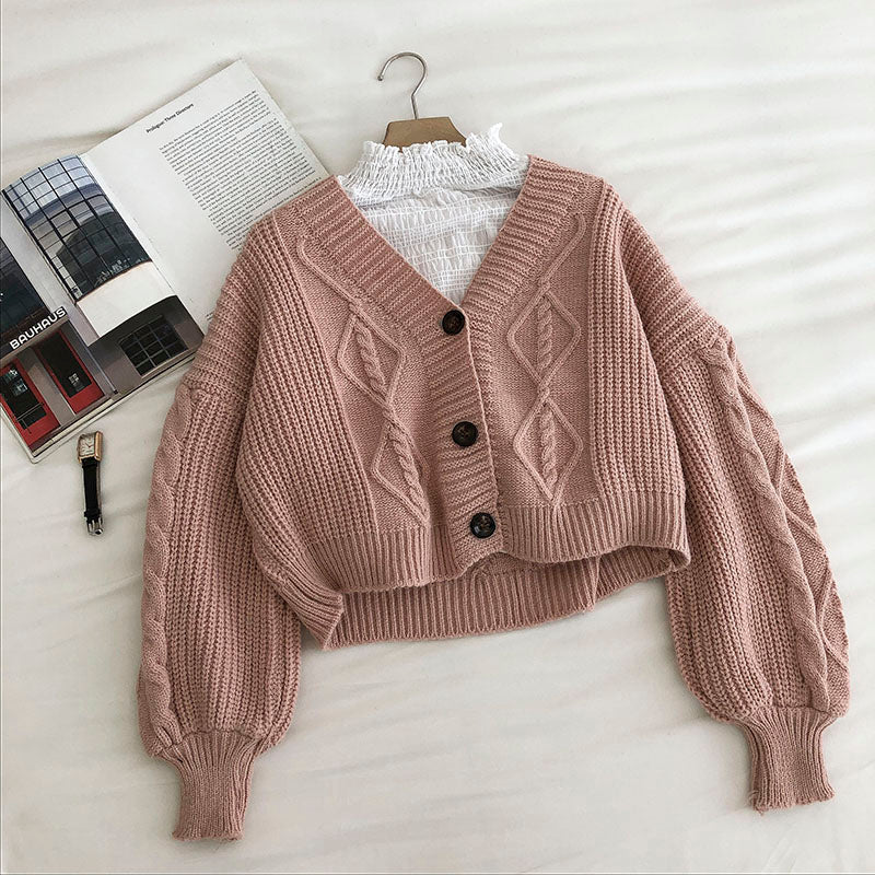 Loose coat women's long sleeve retro three button sweater  5836