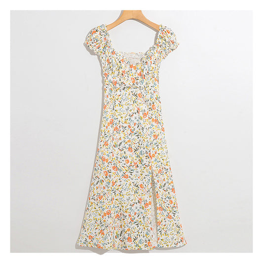 Wind garden small broken flower decoration low breast long dress  7030