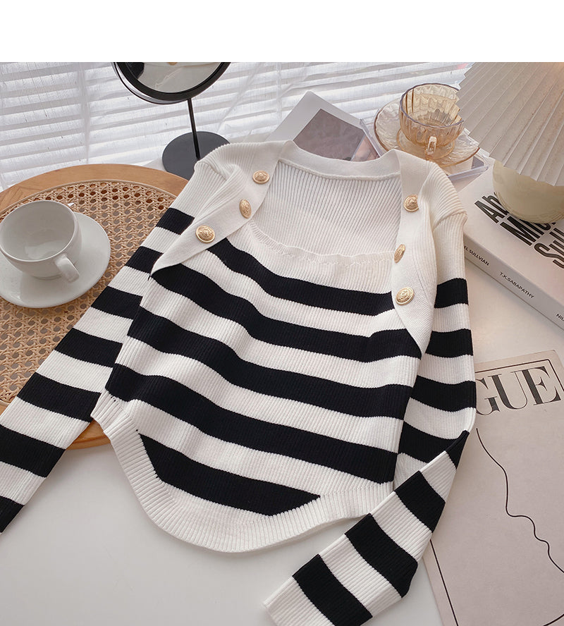 Striped square neck T-shirt thin long sleeve top  6489