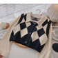 Korean retro Hong Kong style knitted Plaid stitched long sleeves  6339