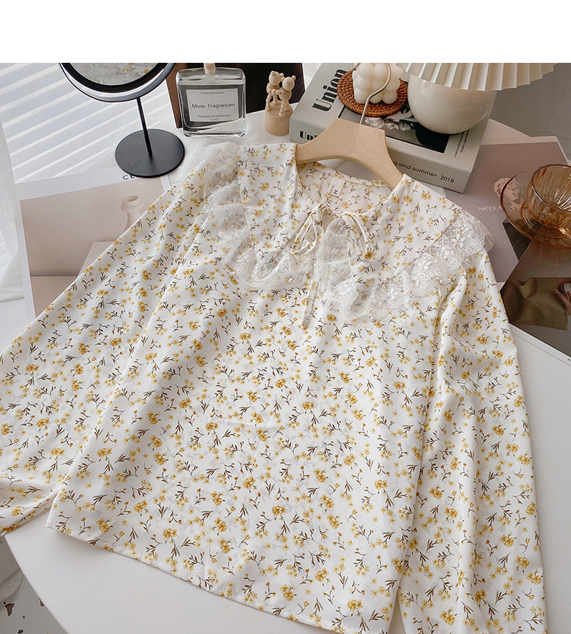 Lace lace up baby collar Floral Shirt  6371