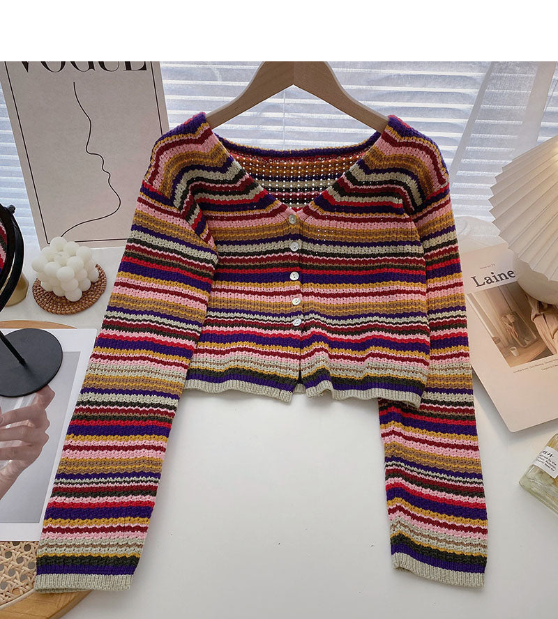 Colorful striped sweater sweet high waist short V-neck top  6521