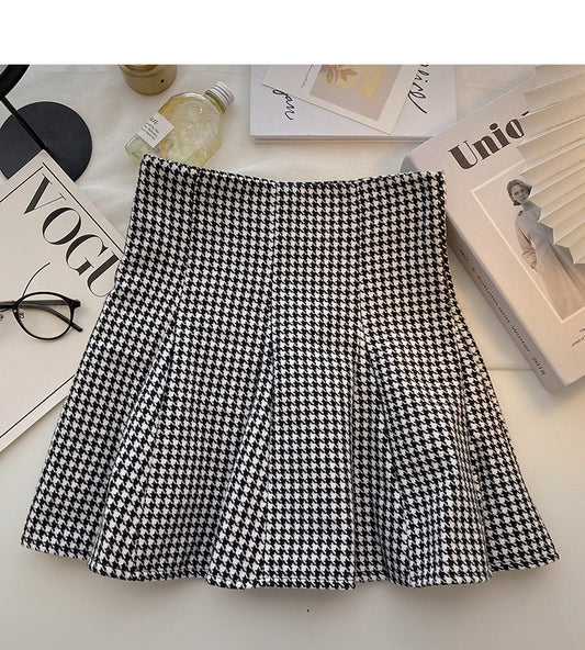 Design sense of niche Hong Kong style high waist thousand bird check skirt  5418