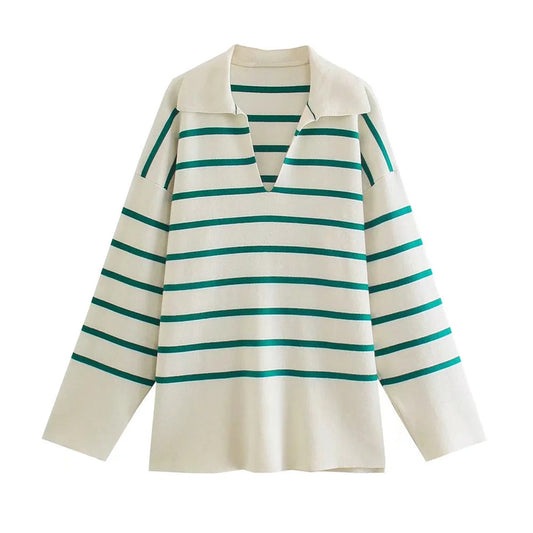 New loose Lapel stripe long sleeve sweater  7437