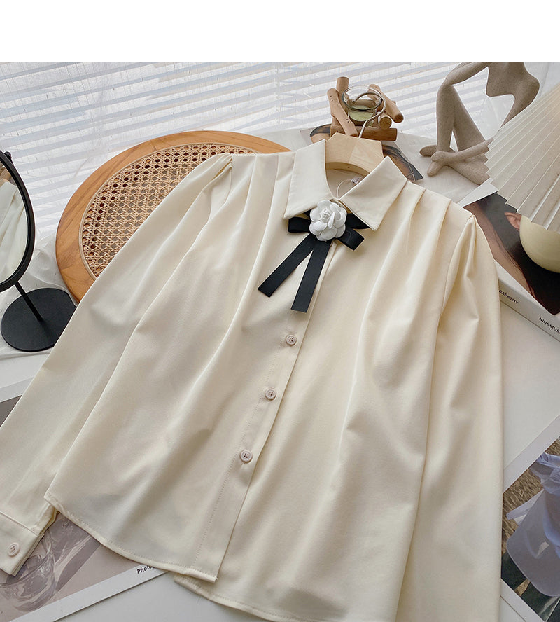 Korean basic solid color retro floret bow shirt  6433