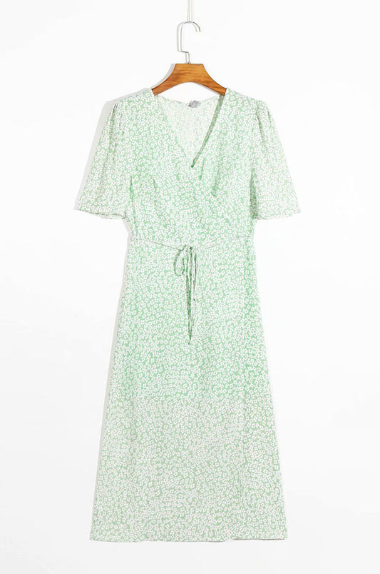 V-neck floral bubble sleeve one piece lace up waist wrap skirt women  7069