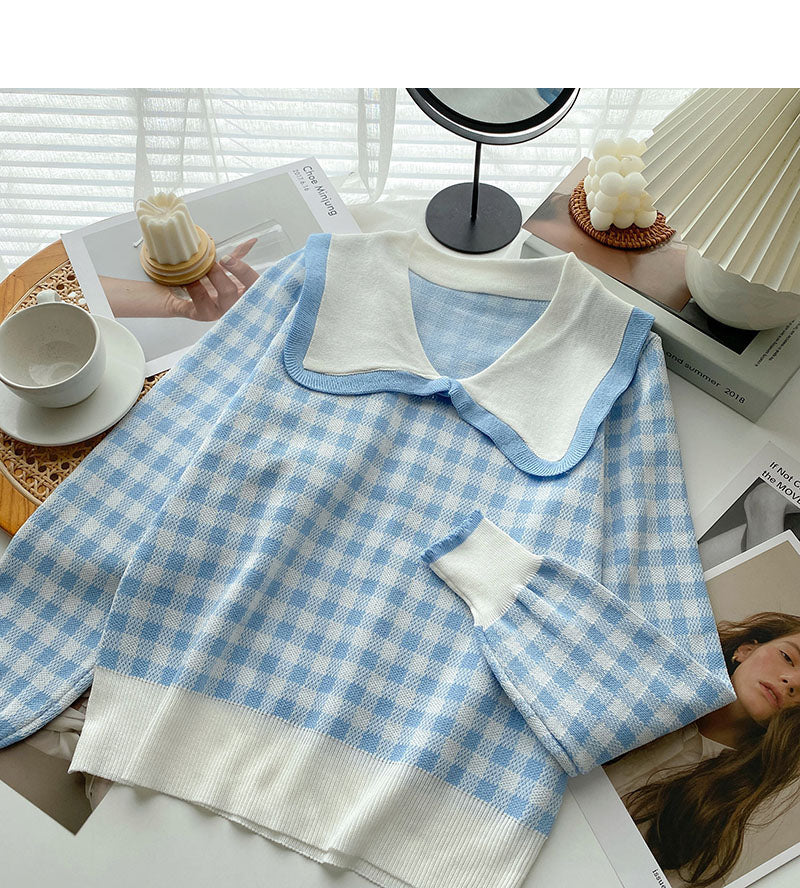 Aging sweet contrast checked doll collar Pullover Top  6678
