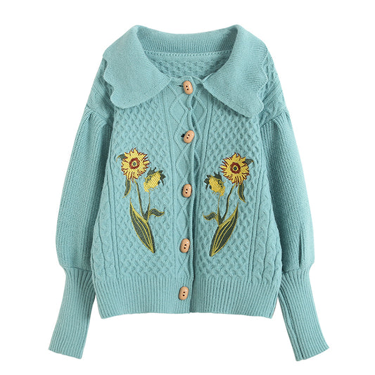 Vintage sunflower embroidered twist sweater coat  7518