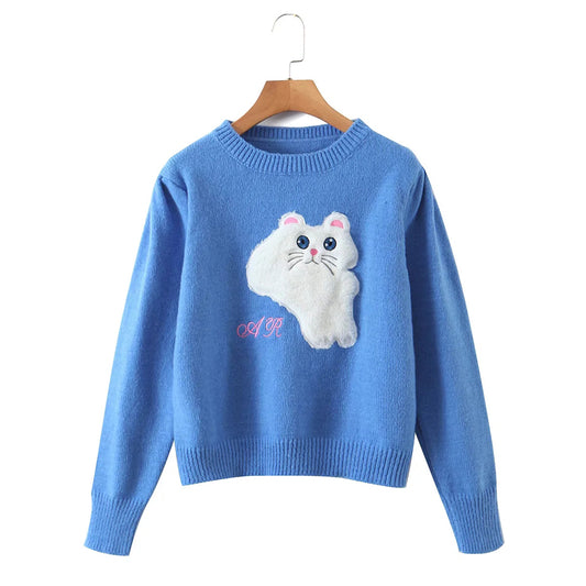 Pullover mit Rundhalsausschnitt Cartoon-Katze lockerer Pullover 7454