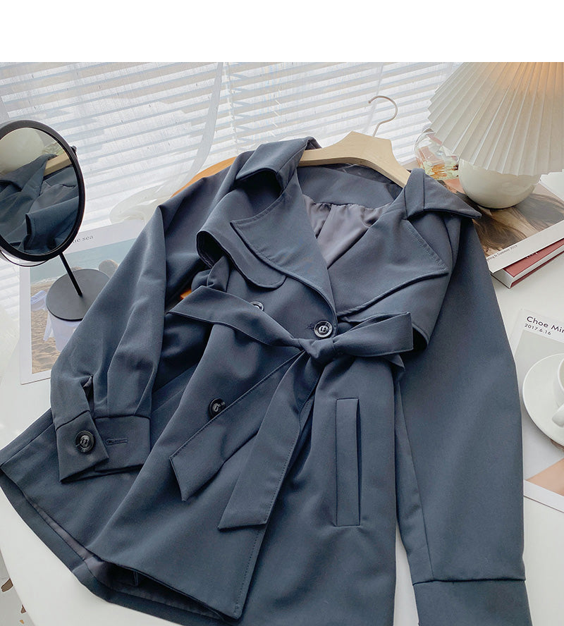 Suit collar windbreaker coat Long Sleeve loose top with belt  6218