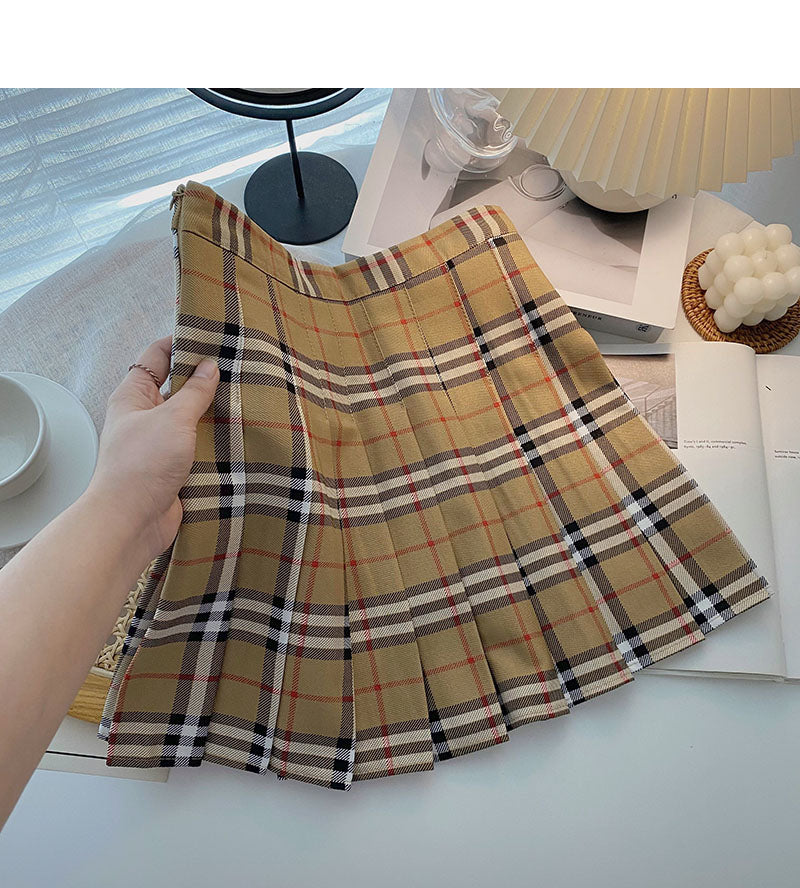 Plaid pleated skirt women's age reducing high waist A-line skirt  5435