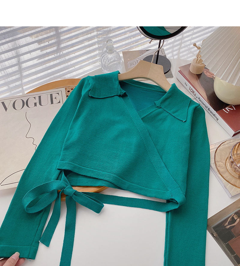 Niche design cross Lapel strap short sweater  6617