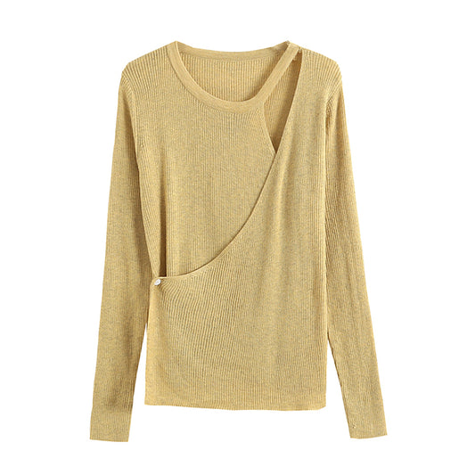 Design sense irregular knit shirt female autumn slim fit pure color bottomed shirt  7267