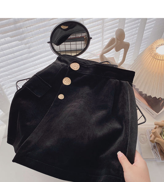 Irregular personality button high waist black A-line skirt  5562