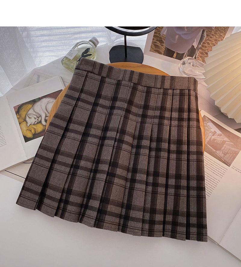 Pleated plaid skirt women's high waist skirt  5486