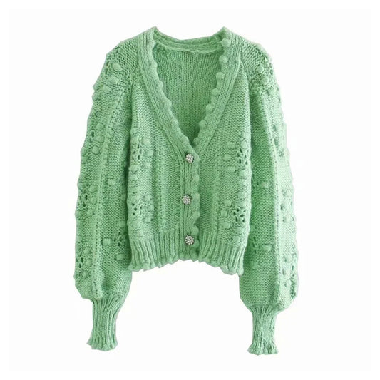 New spherical hollow out artificial jewelry button knitted cardigan  7253