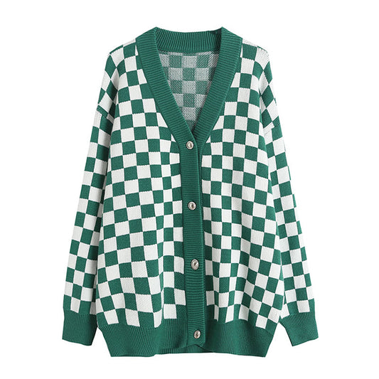 Vintage chessboard Plaid V-neck knitted jacket  7485