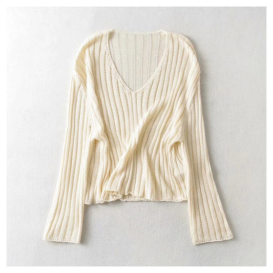 Sweet and versatile loose V-neck linen sweater  7397