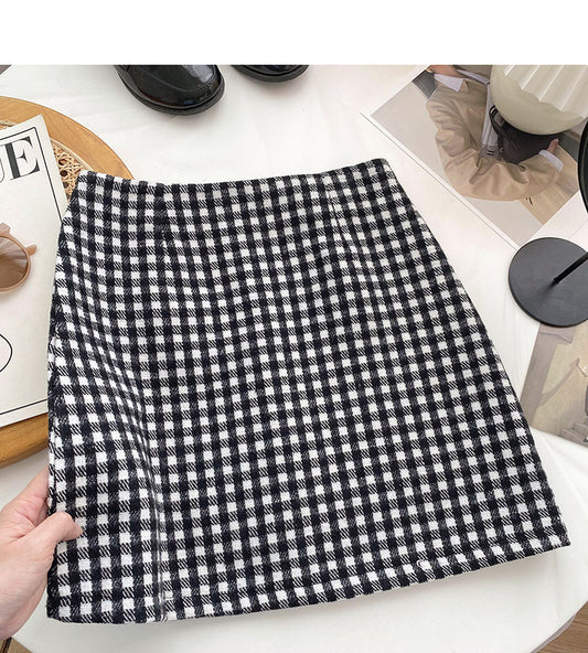 High waist Plaid tweed Hip Wrap Skirt shows thin A-line skirt  5515