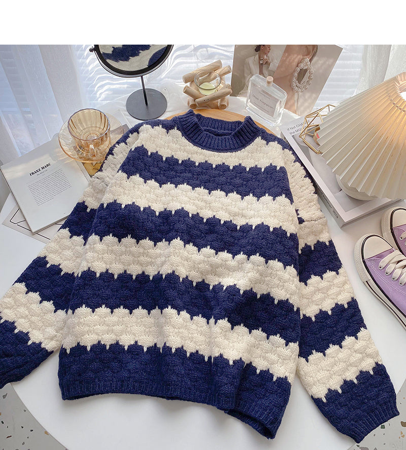 Lazy wind stripe color matching sweater is retro and simple  5992