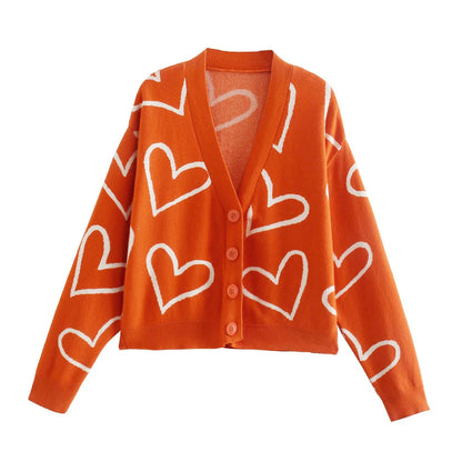 Fashion sweet V-neck love jacquard short knitted cardigan  7194